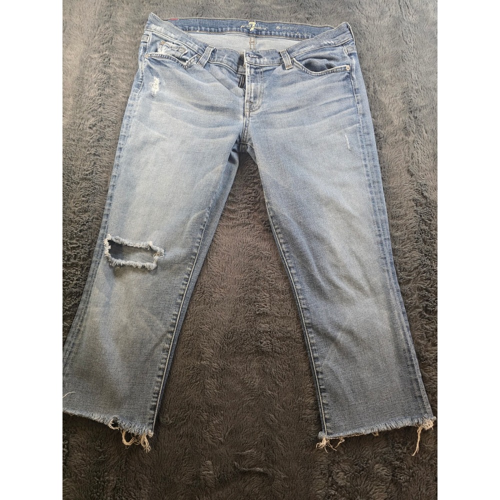 7 For All Mankind The Skinny Crop & Roll Distressed Jeans Light Wash Blue Size32